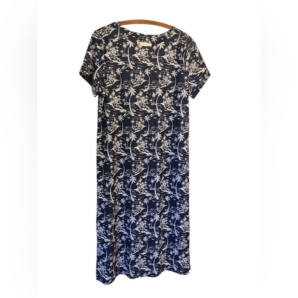 Jude Connally Maxi Dress Size L Tropical Palm Trees Navy Blue Vacation